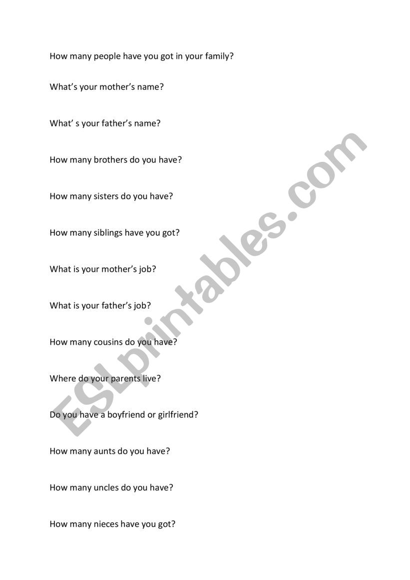 Family Questions & Answers worksheet