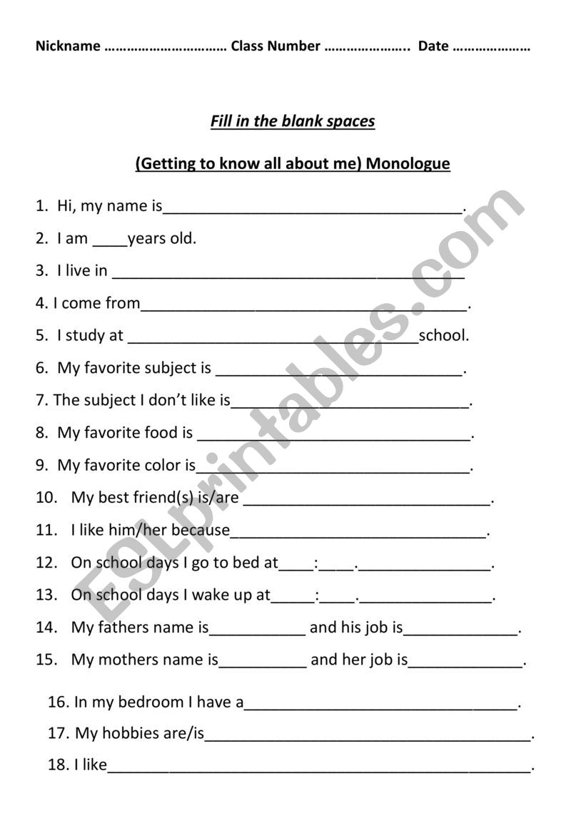 Getting to Know Me worksheet
