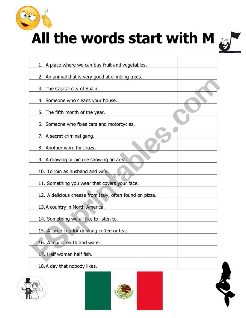 All the words start with M worksheet