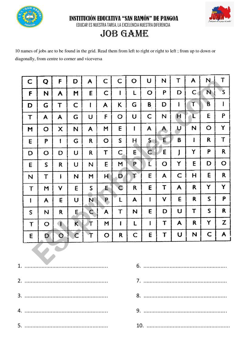 job game worksheet