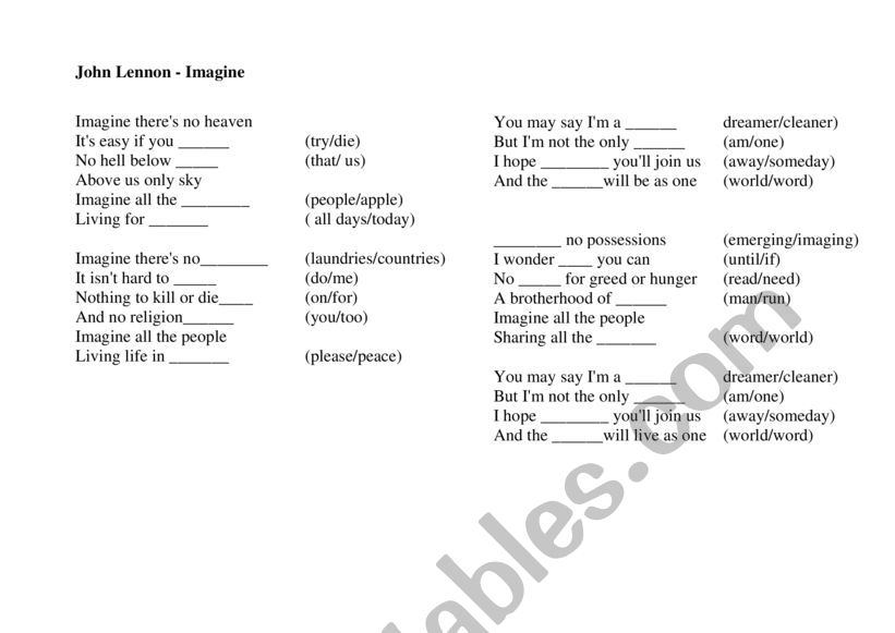 Imagine by John Lenon. worksheet