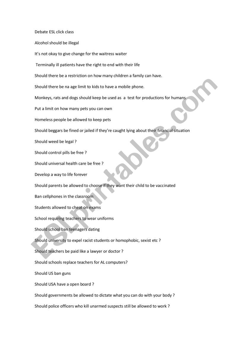 Debate statements  worksheet