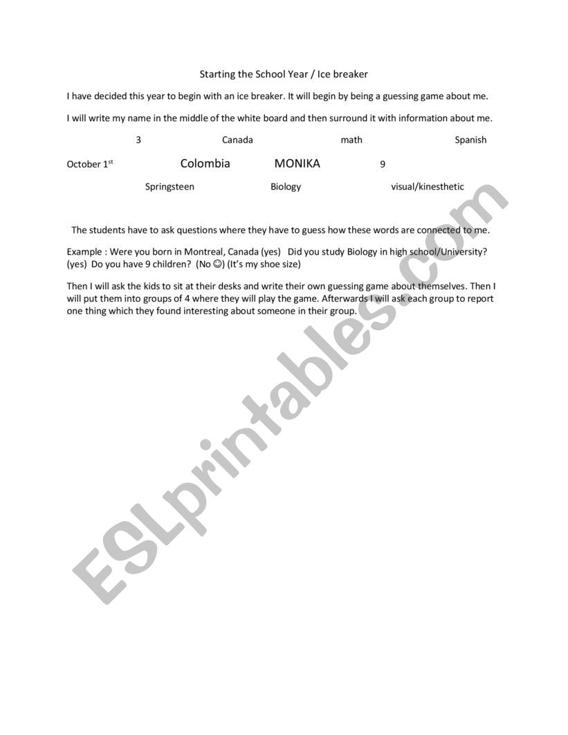 Ice breaker worksheet