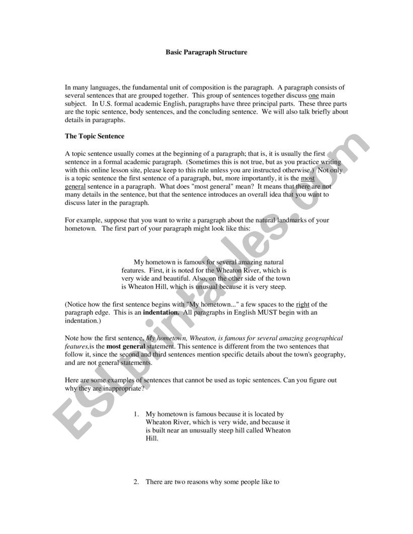 Paragraph Structure worksheet