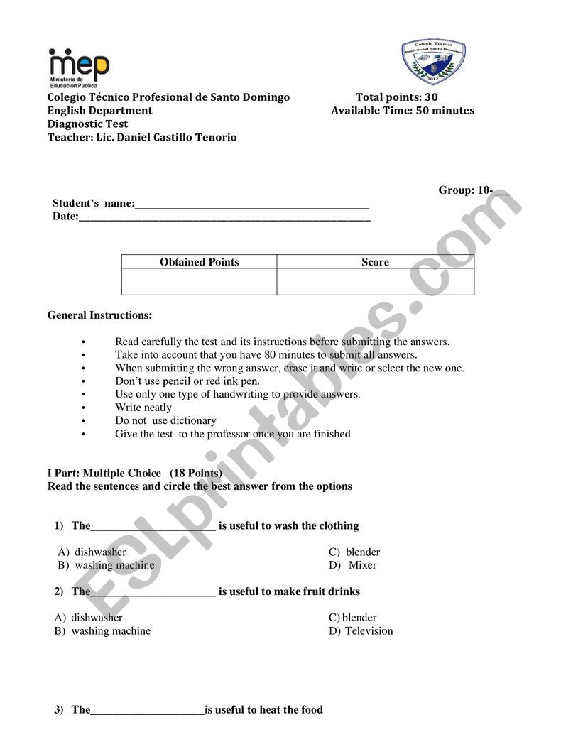 Diagnostic Test worksheet