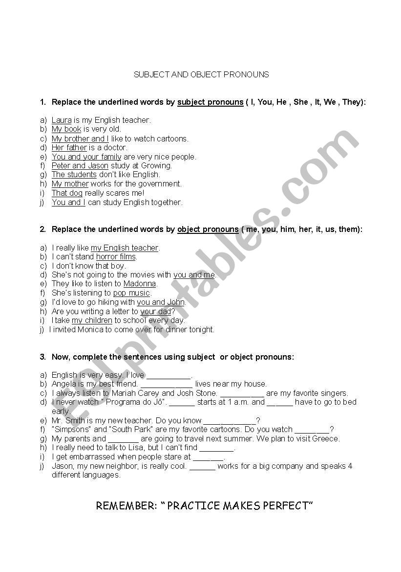 Subject and Object pronouns worksheet