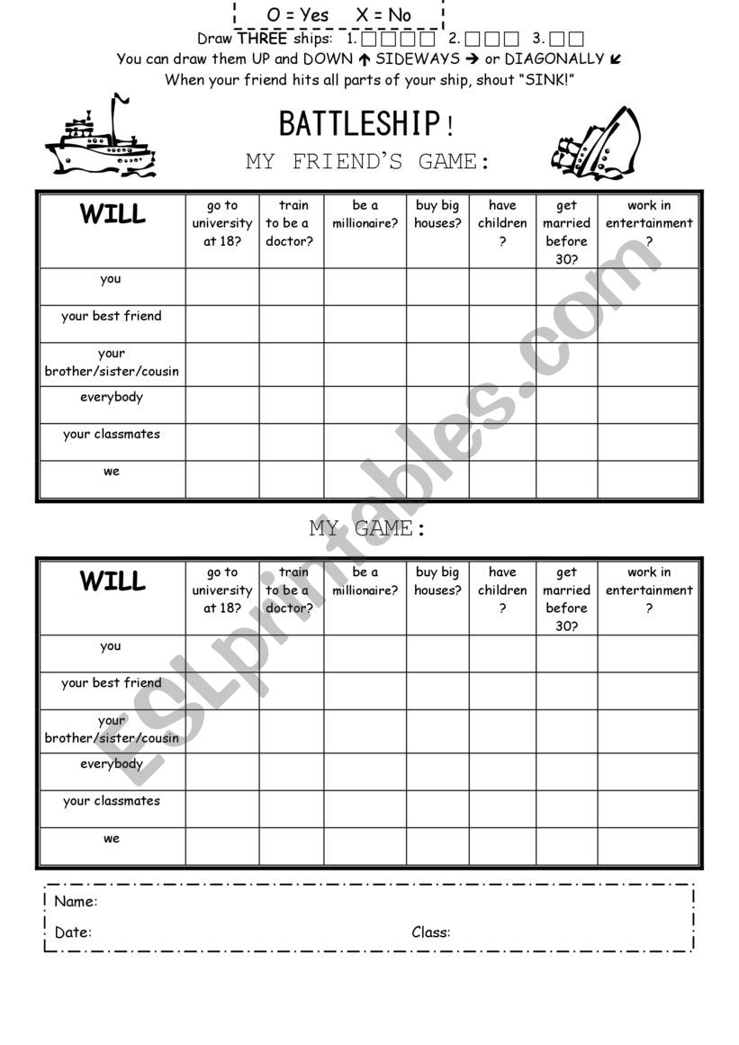 Future simple battleship worksheet