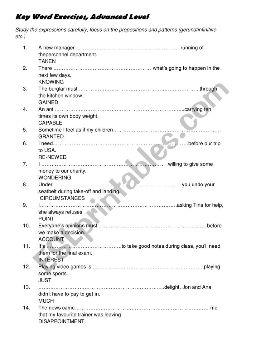 exercises Advanced Key Word  worksheet