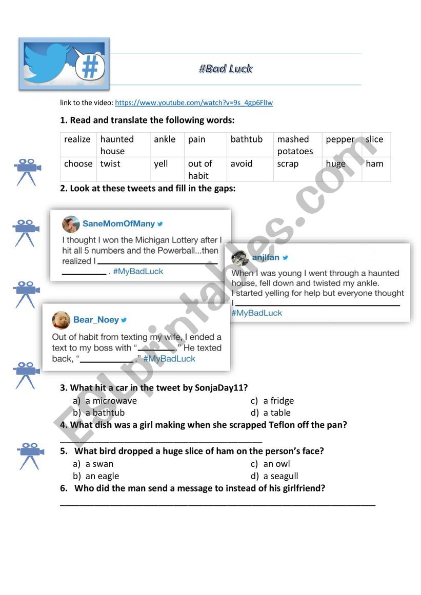 #TeachYourStudentsWithFun video worksheet about bad luck