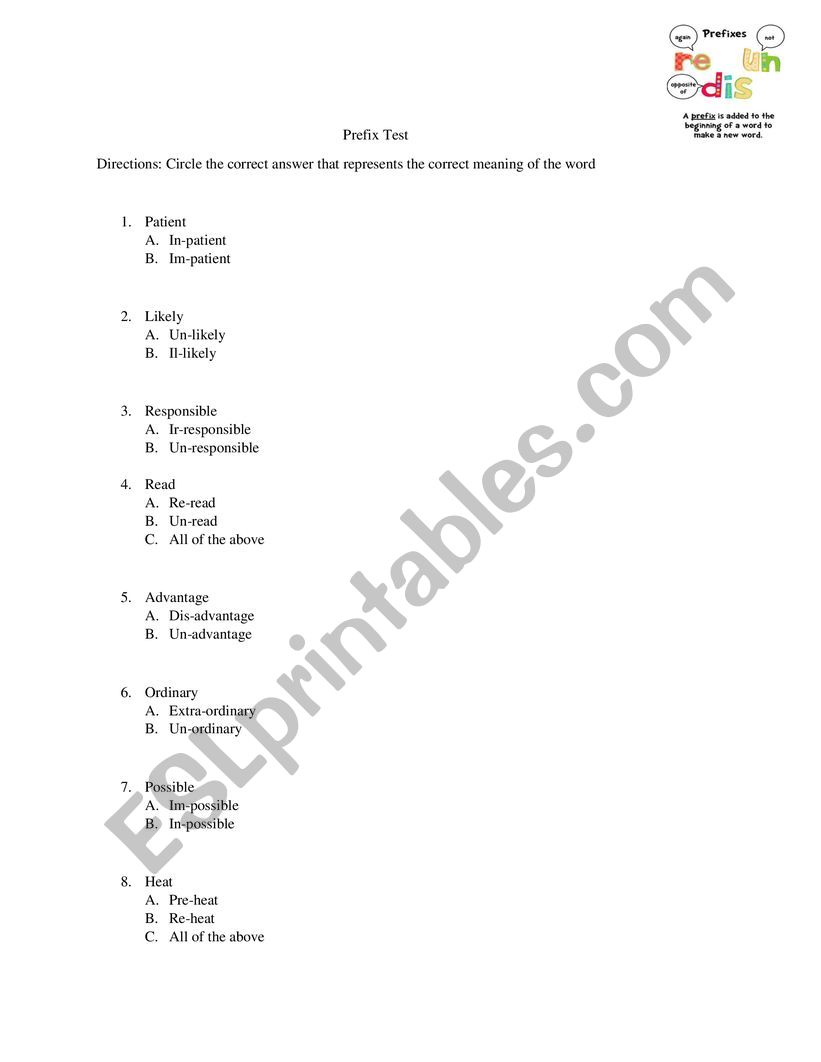 Prefix Test worksheet