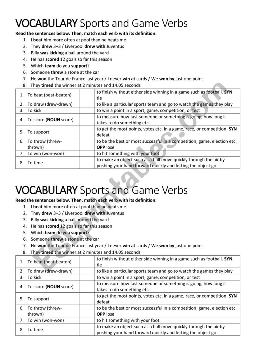 Sports and games verbs worksheet