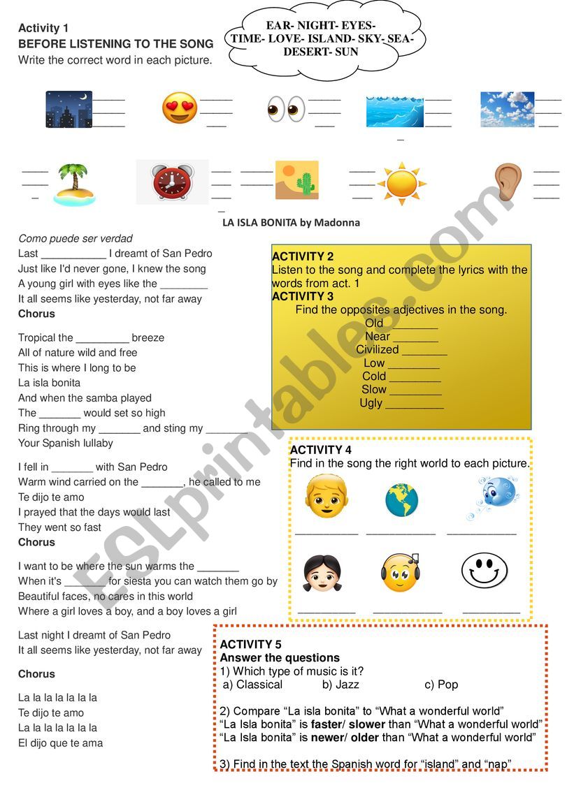 La isla bonita by Madonna worksheet