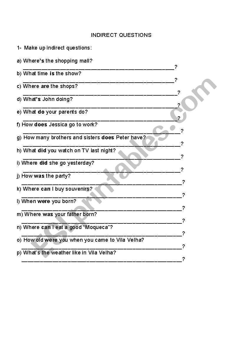 Indirect Questions worksheet