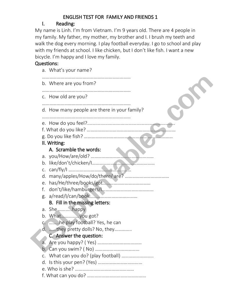 test worksheet