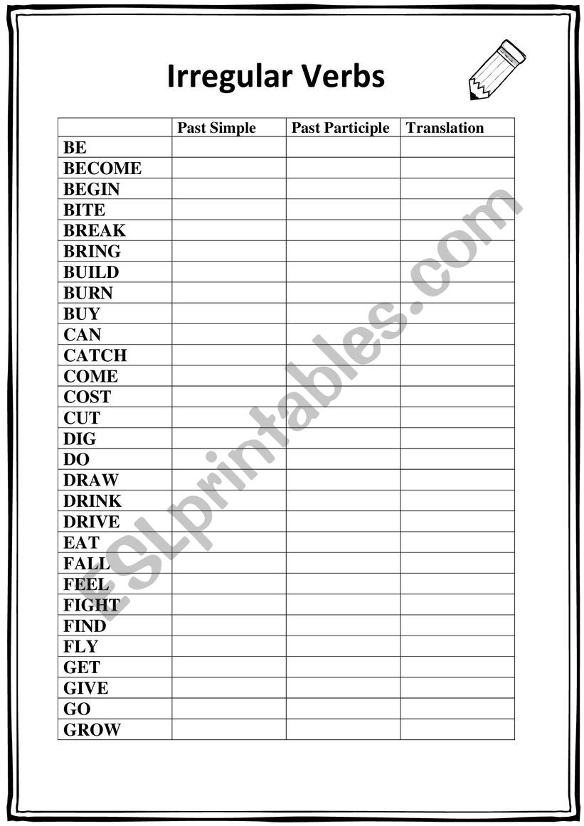 Irregular Verbs Table Worksheet