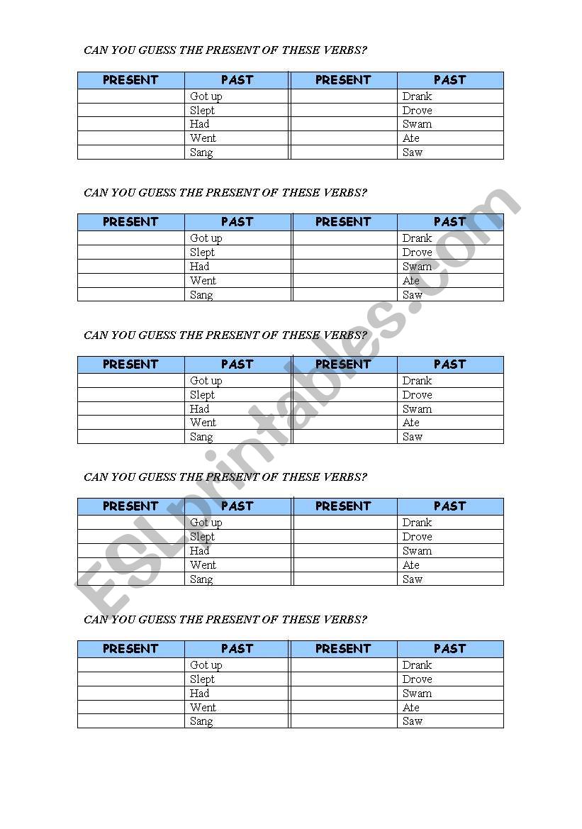 Irregular past verbs worksheet