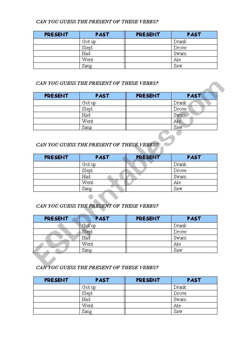 Irregular past verbs worksheet