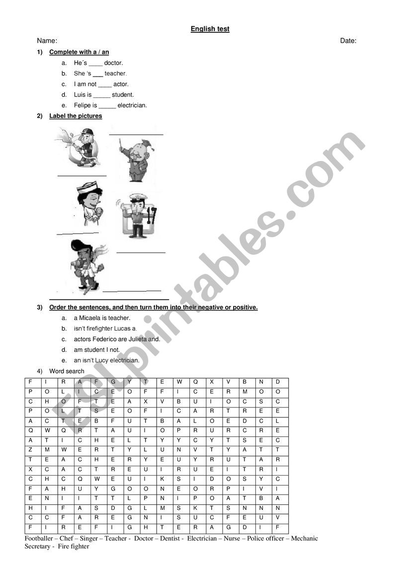 Occupations and jobs test worksheet