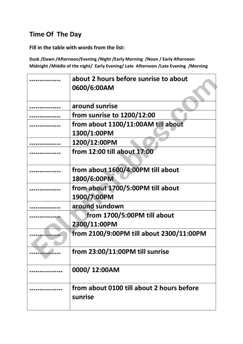 Time Of The Day worksheet