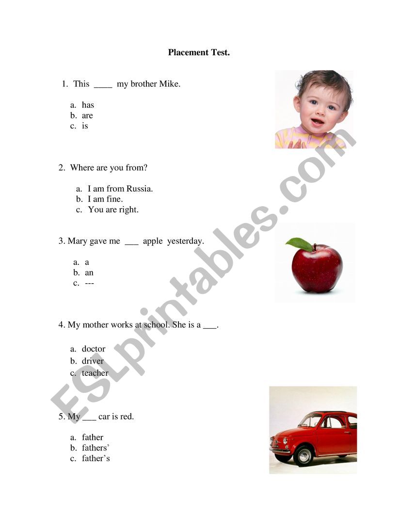 Placement test 7-10 years worksheet