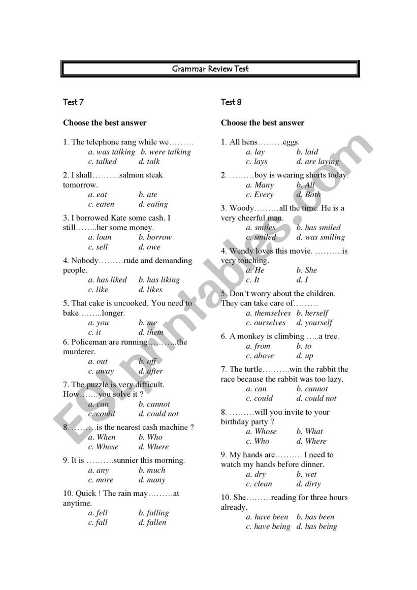 Grammar Review Test 7-12 worksheet
