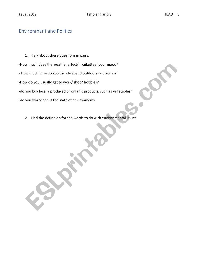 environment and politics worksheet