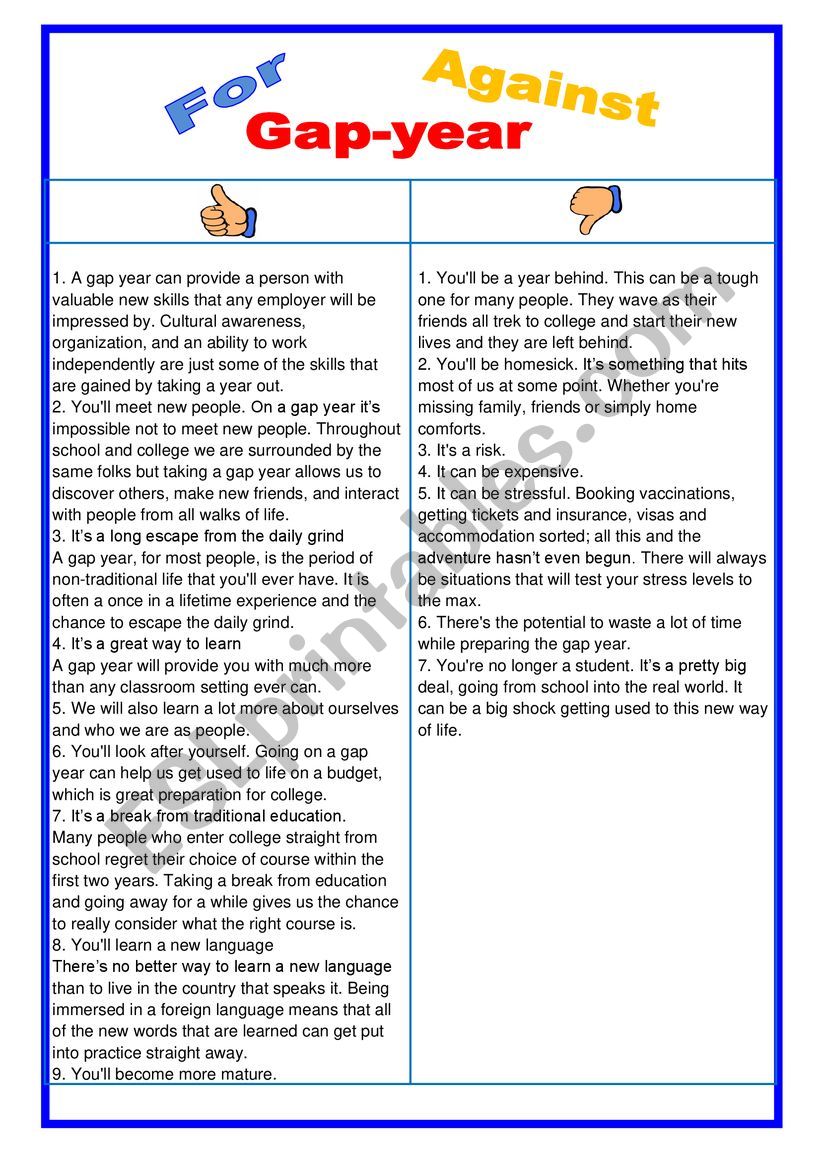 For or against - Gap year worksheet