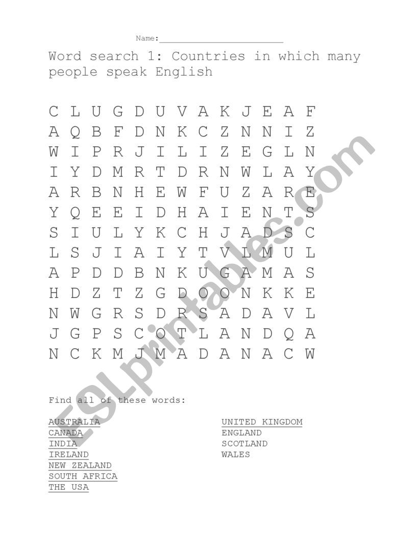Word search: Countries where many people speak English