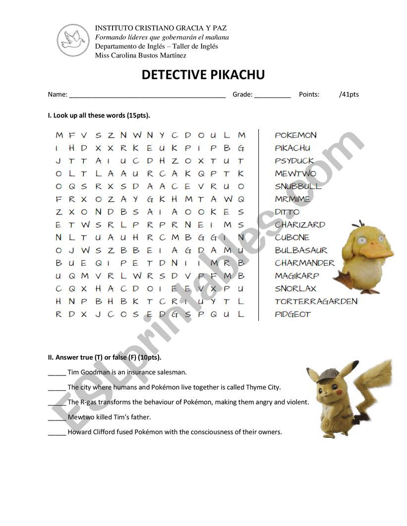 Detective Pikachu Handout worksheet
