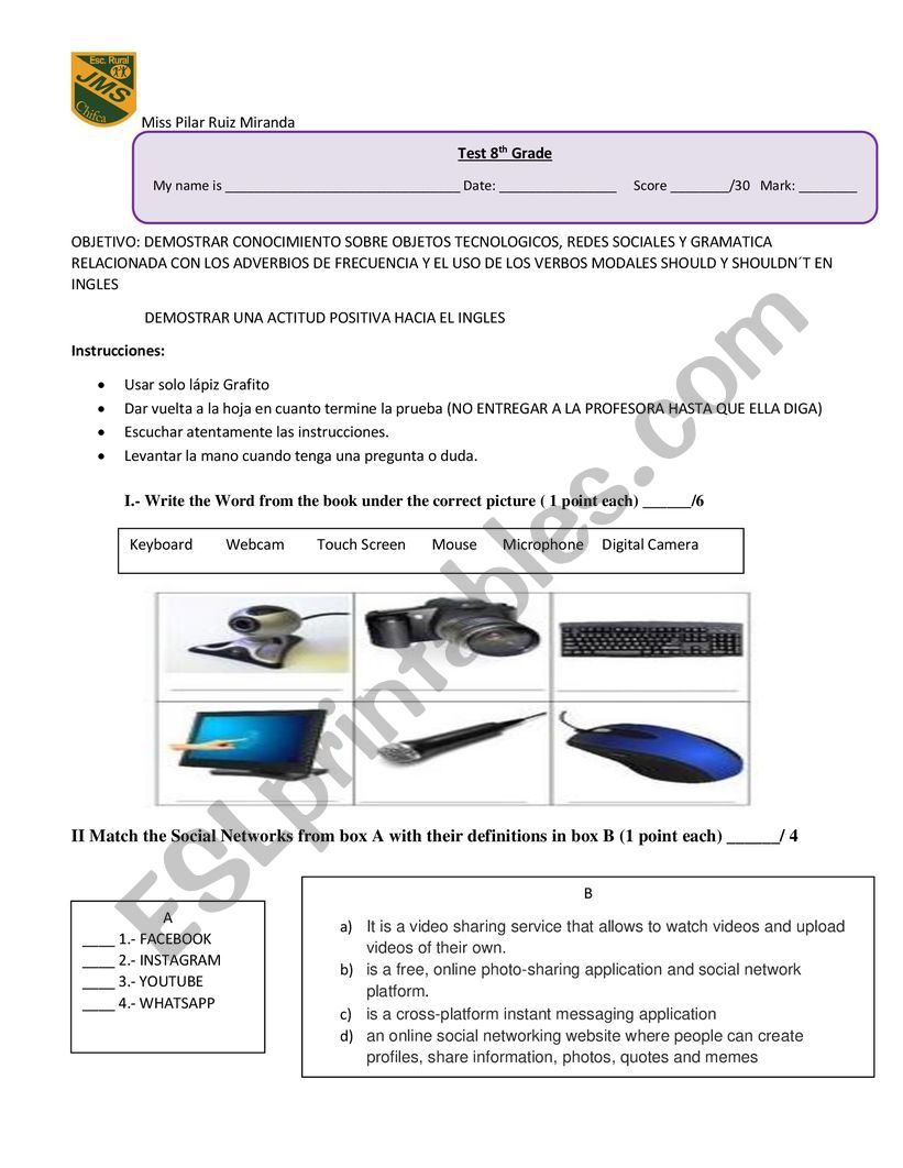 technologies test worksheet