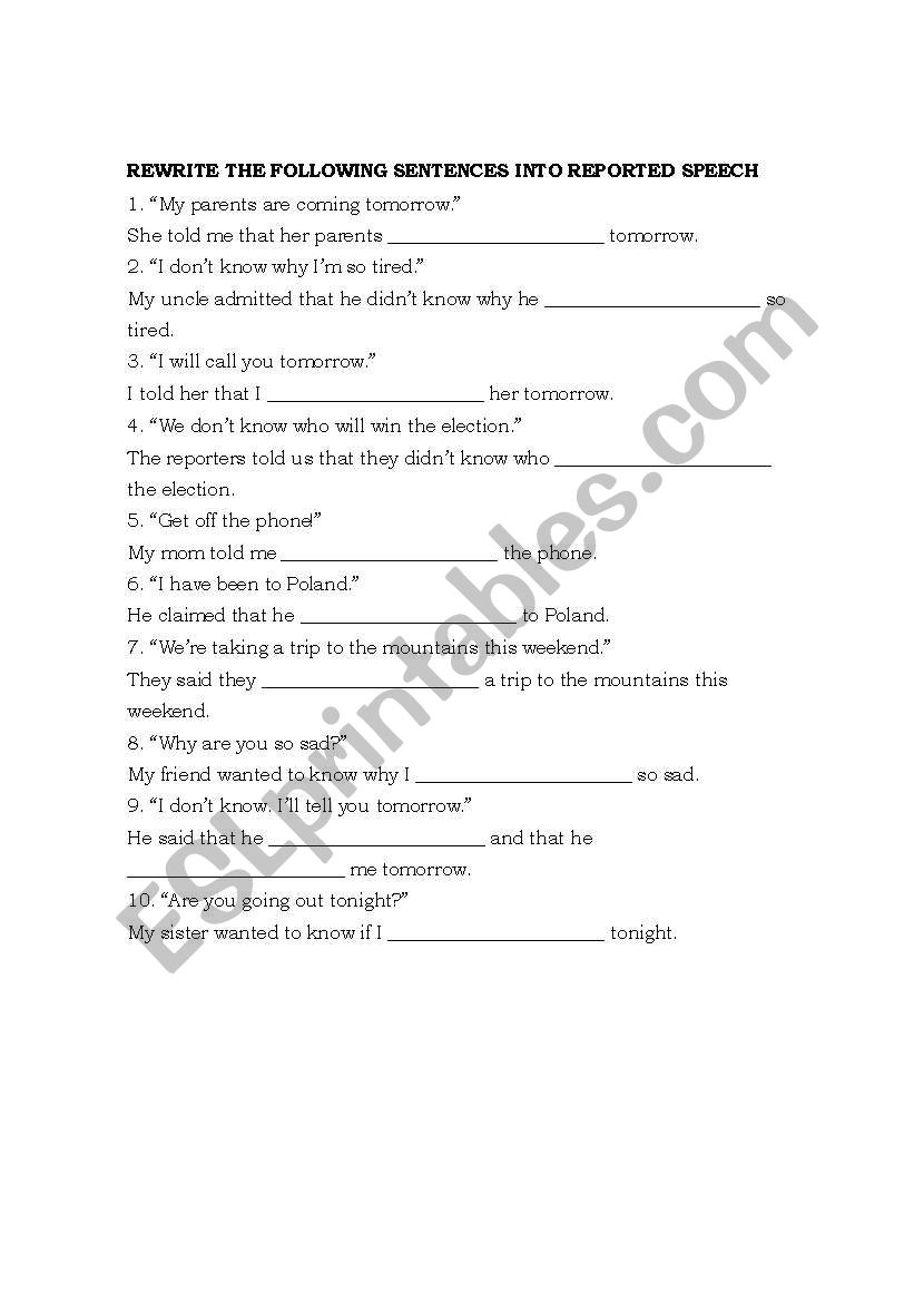 REPORTED SPEECH worksheet