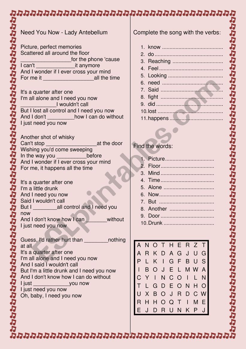 Song - Need you now worksheet