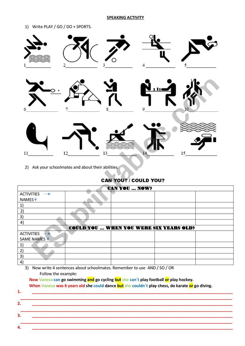 Speaking activity: CAN - COULD + PLAY GO DO