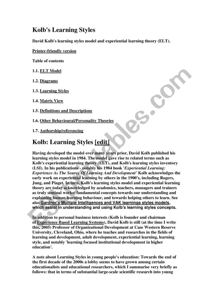 kolbs learning styles worksheet