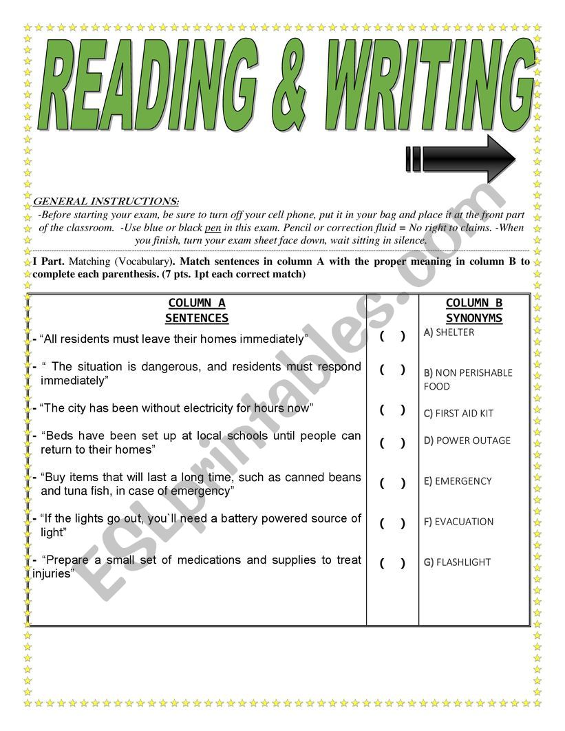 READING NATURAL DISASTERS worksheet