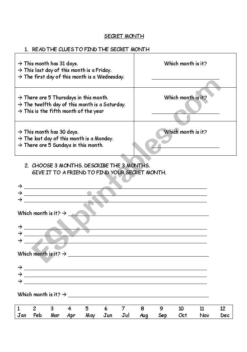 secret month worksheet