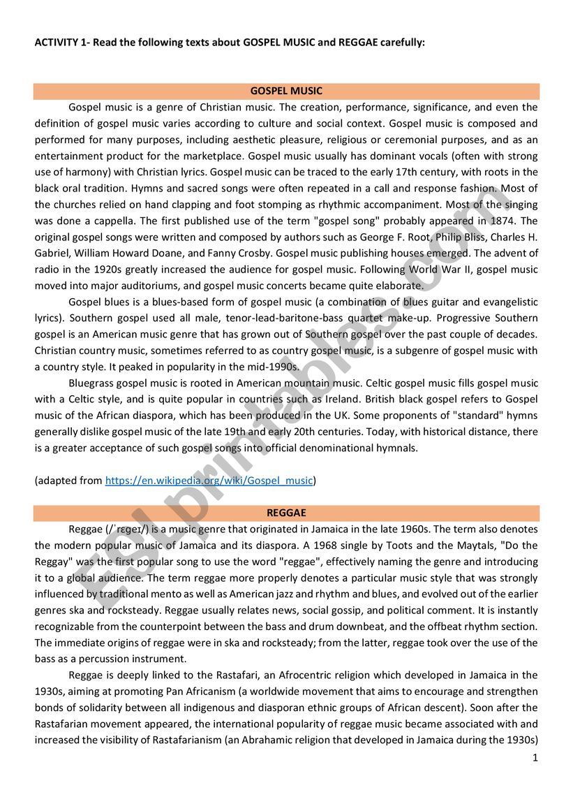 Gospel and Reggae worksheet