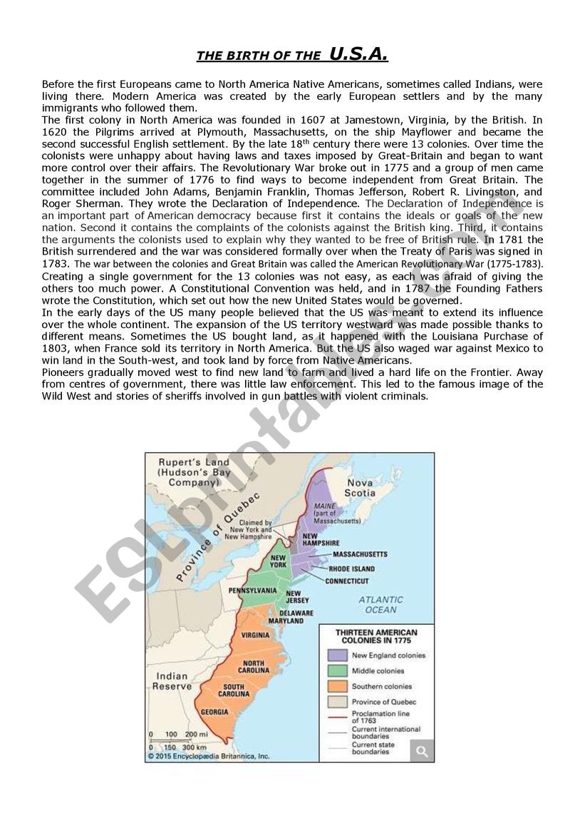 BIRTH OF THE U.S.A. worksheet