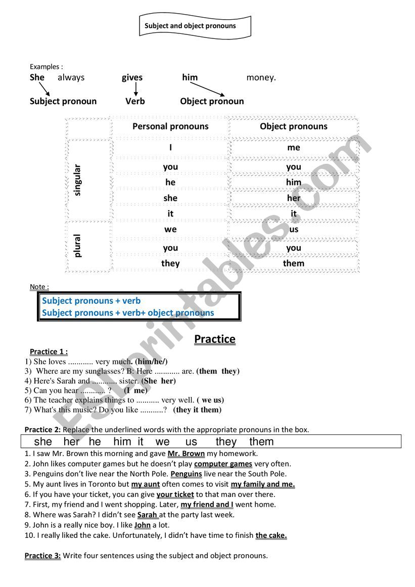 subject and object pronouns worksheet