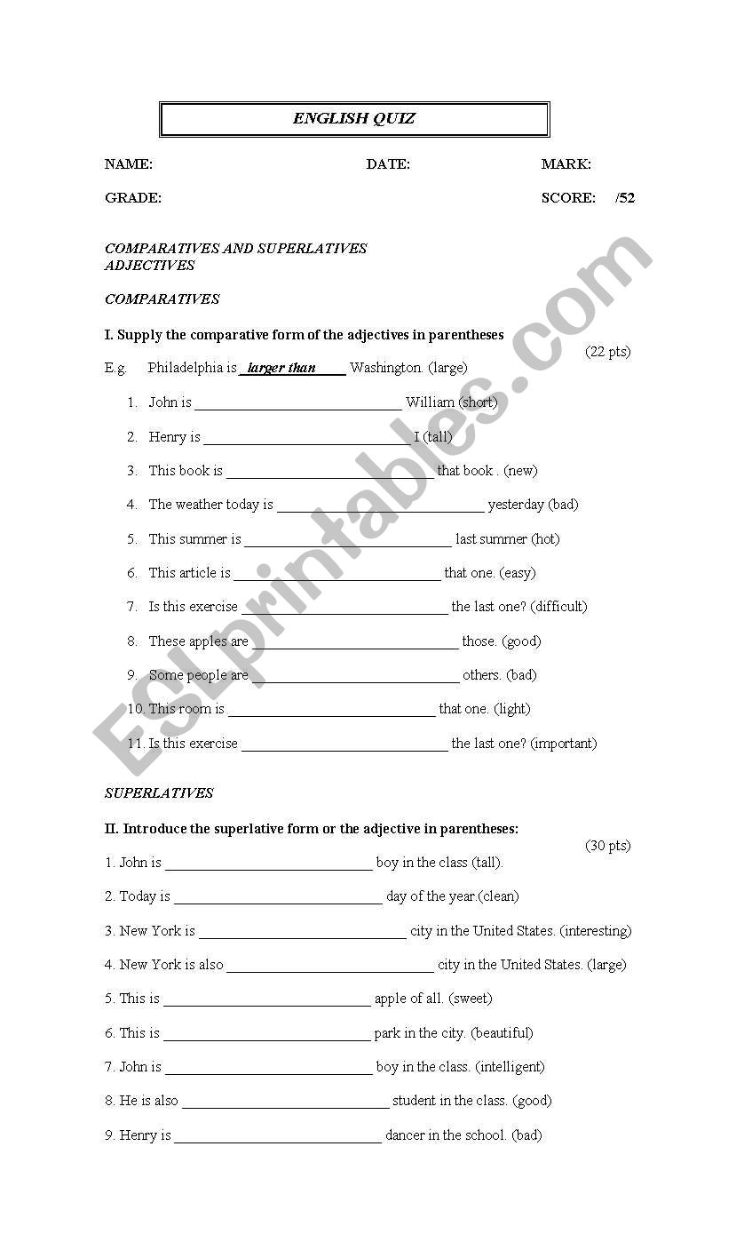 Comparative and Superlative Quiz