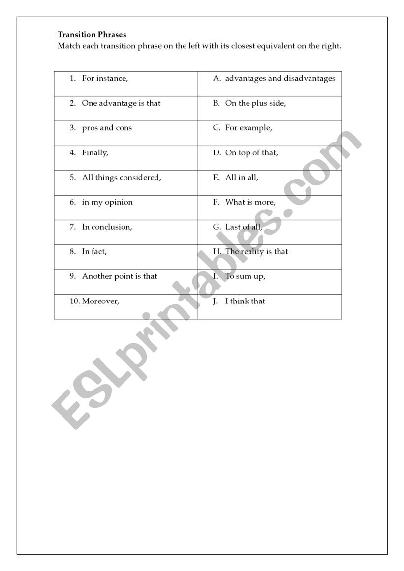 Transition Phrase Matching Exercise