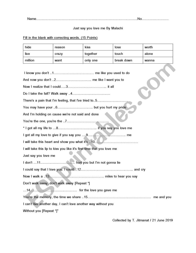 Learning English from song worksheet