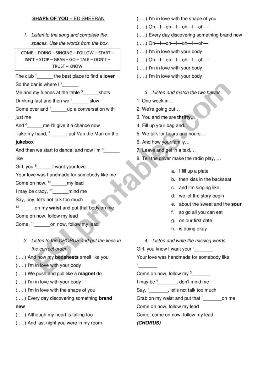 Shape of you song worksheet by Ed Sheeran