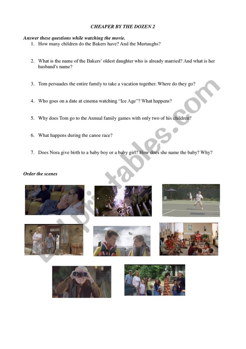 Cheaper by the dozen 2 worksheet