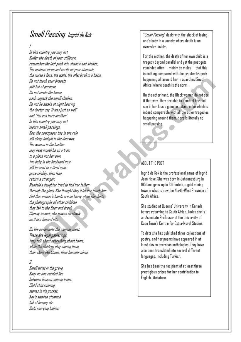 Small Passing Poem worksheet