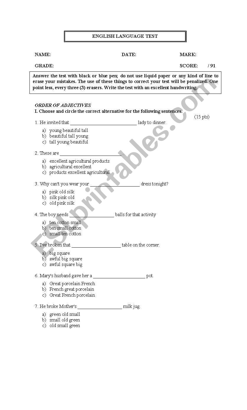 Test Mixed teses worksheet