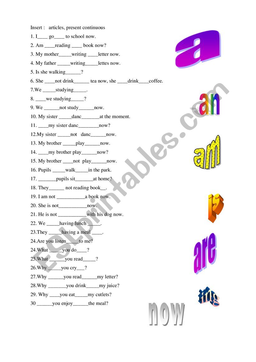 insert (present continuous), articles