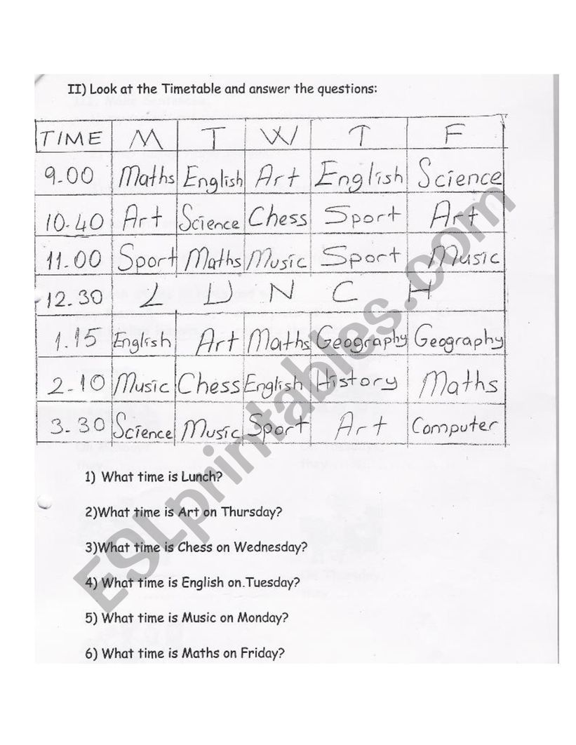 Weekend Worksheet Timetables - Answer the questions