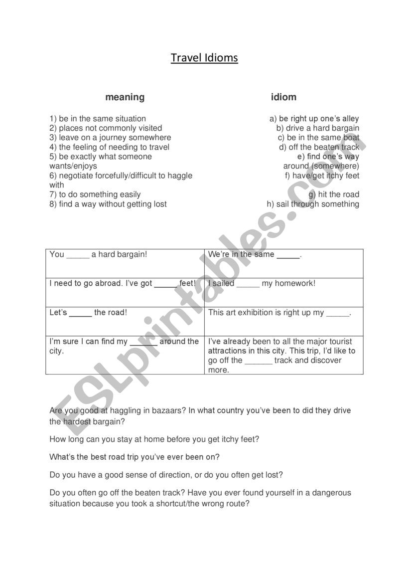 Travel idioms worksheet