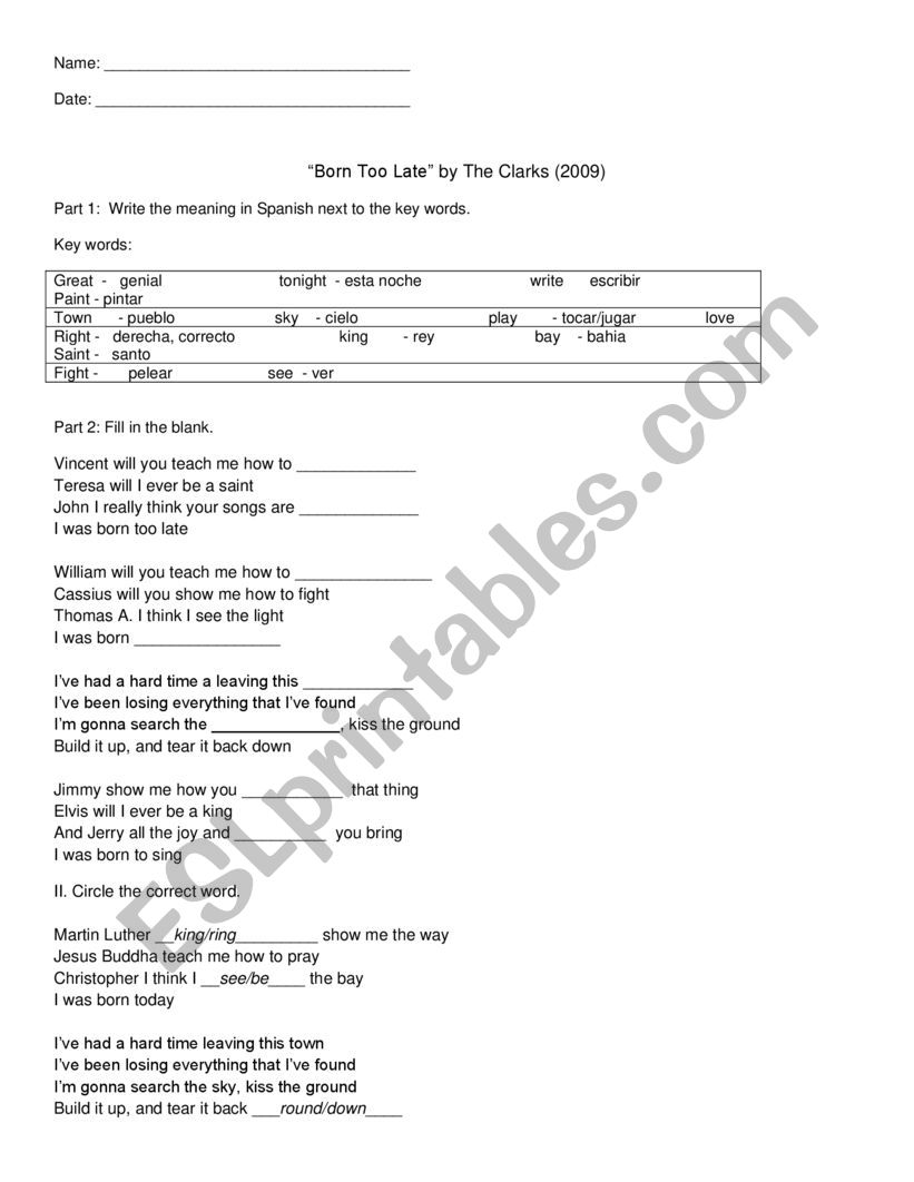 The Clarks BORN TOO LATE worksheet